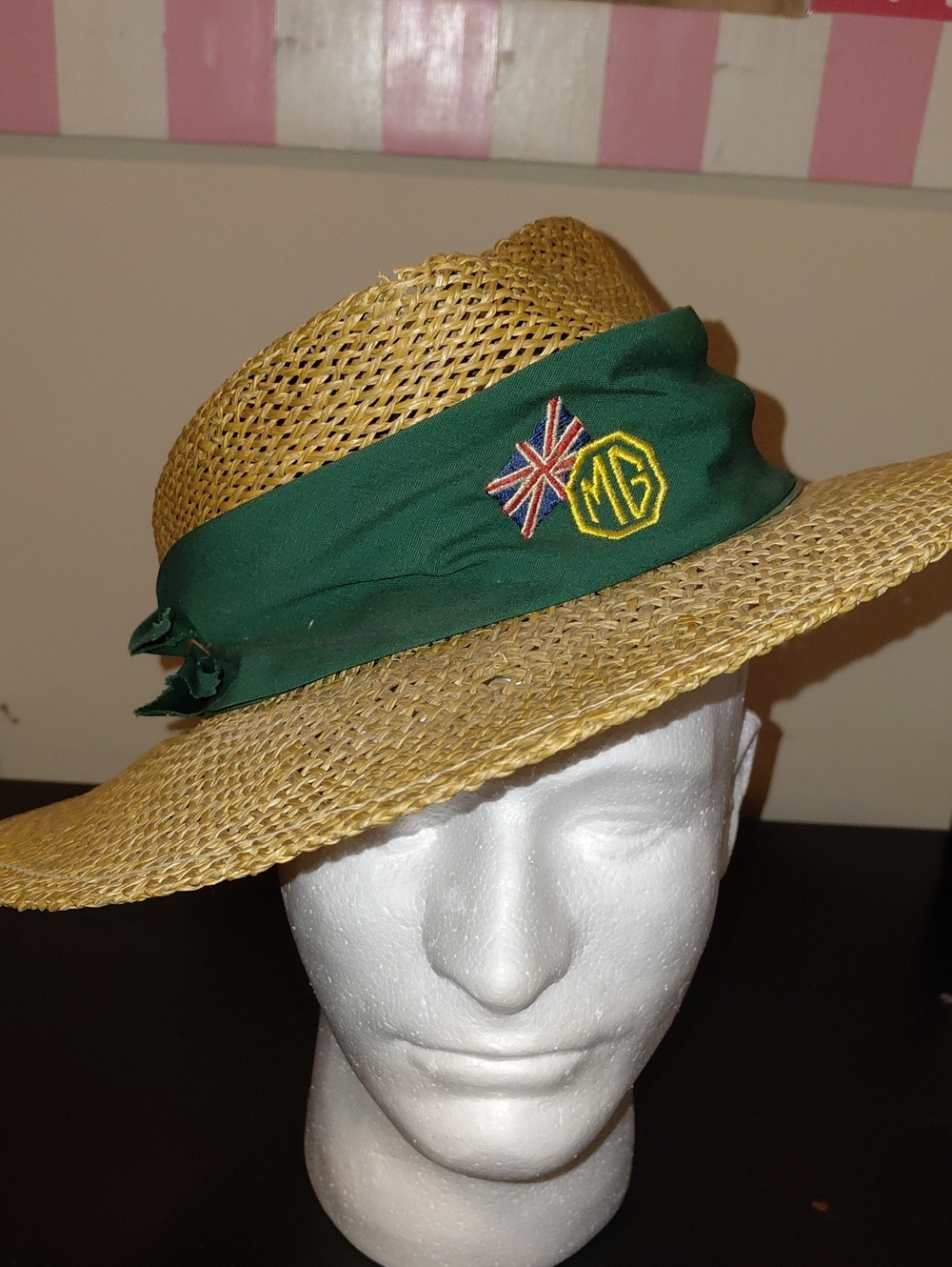 Vintage Classic Straw Fedoro W/MG(Morris Garages) Logo & Britsh Flag